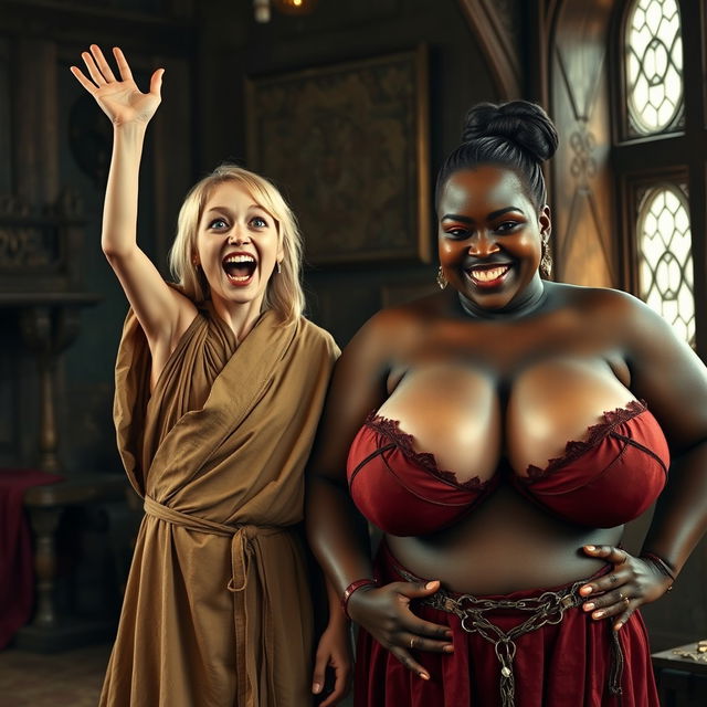 In a medieval room, a young, emaciated blonde woman aged 19 with medium-length hair and bright blue eyes is joyfully shouting with excitement