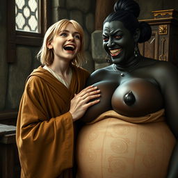 In a medieval room, a young, emaciated blonde woman aged 19 with medium-length hair and bright blue eyes is joyfully shouting