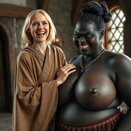 In a medieval room, a young, emaciated blonde woman aged 19 with medium-length hair and bright blue eyes is joyfully shouting