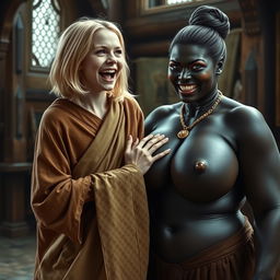 In a medieval room, a young, emaciated blonde woman aged 19 with medium-length hair and bright blue eyes is joyfully shouting