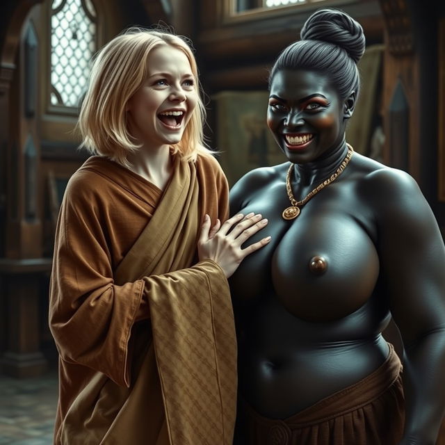 In a medieval room, a young, emaciated blonde woman aged 19 with medium-length hair and bright blue eyes is joyfully shouting