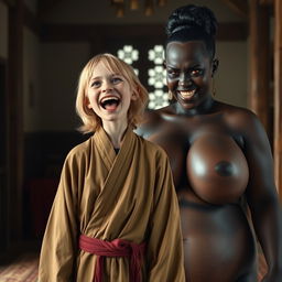 In a medieval room, a very skinny 19-year-old blonde girl with medium-length hair and bright blue eyes is joyfully screaming