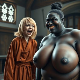 In a medieval room, a very skinny 19-year-old blonde girl with medium-length hair and bright blue eyes is joyfully screaming