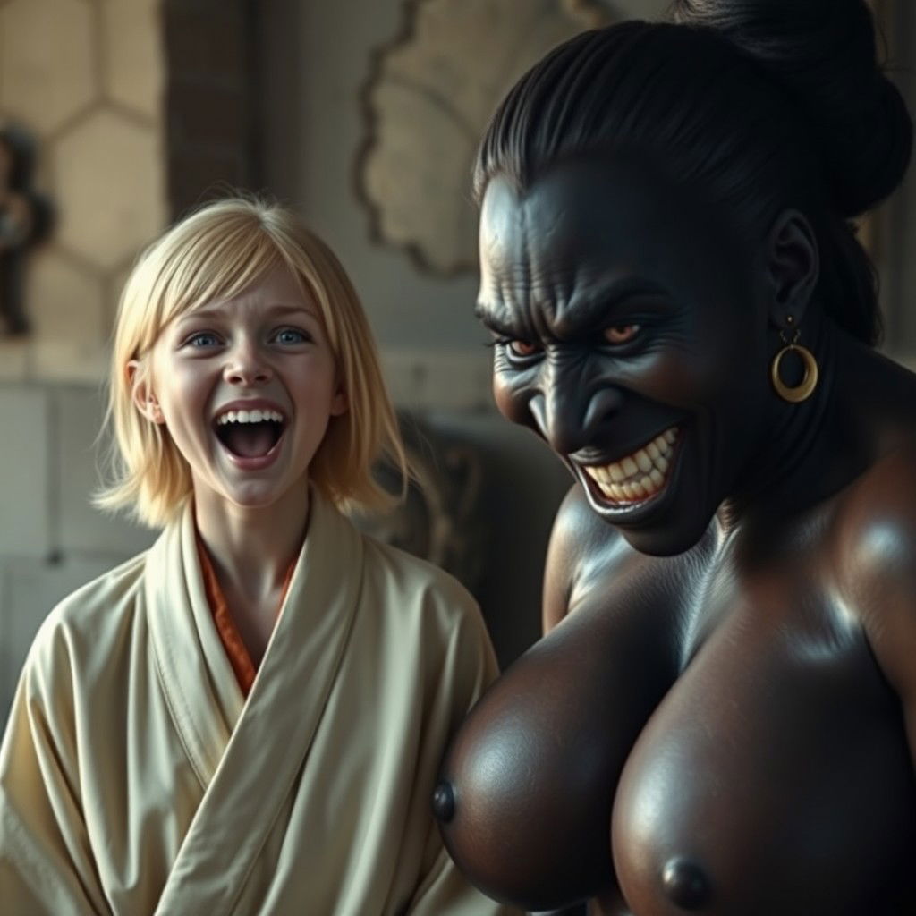 In a medieval room, a very skinny 19-year-old blonde girl with medium-length hair and bright blue eyes is joyfully screaming