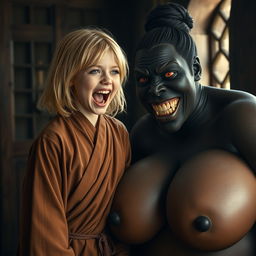 In a medieval room, a very skinny 19-year-old blonde girl with medium-length hair and bright blue eyes is joyfully screaming