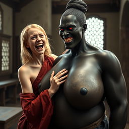 In a medieval room, a young 19-year-old blonde woman, looking emaciated yet joyous, with medium-length hair and bright blue eyes, is exuberantly screaming