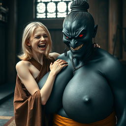 In a medieval room, a young 19-year-old blonde woman, looking emaciated yet joyous, with medium-length hair and bright blue eyes, is exuberantly screaming