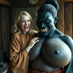In a medieval room, a young 19-year-old blonde woman, looking emaciated yet joyous, with medium-length hair and bright blue eyes, is exuberantly screaming