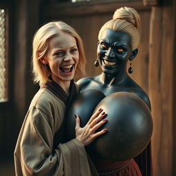 In a medieval room, a young 19-year-old blonde woman, looking emaciated yet exuberantly happy, with medium-length hair and bright blue eyes, is joyfully shouting