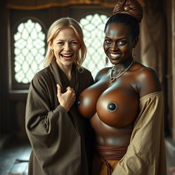 In a medieval room, a young 19-year-old blonde woman, looking emaciated yet exuberantly happy, with medium-length hair and bright blue eyes, is joyfully shouting