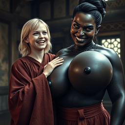 In a medieval room, a young 19-year-old blonde woman, looking emaciated yet exuberantly happy, with medium-length hair and bright blue eyes, is joyfully shouting