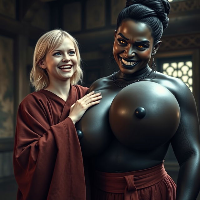 In a medieval room, a young 19-year-old blonde woman, looking emaciated yet exuberantly happy, with medium-length hair and bright blue eyes, is joyfully shouting