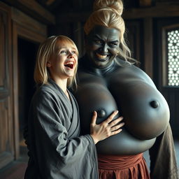 In a medieval room, a young 19-year-old blonde woman, appearing emaciated yet overwhelmingly happy, with medium-length hair and bright blue eyes, joyfully screams