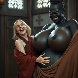 In a medieval room, a young 19-year-old blonde woman, appearing emaciated yet overwhelmingly happy, with medium-length hair and bright blue eyes, joyfully screams