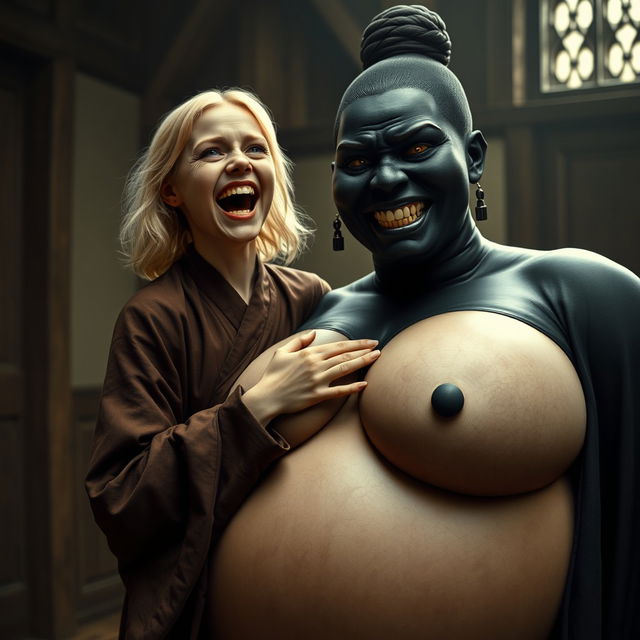 In a medieval room, a young 19-year-old blonde woman, appearing emaciated yet overwhelmingly happy, with medium-length hair and bright blue eyes, joyfully screams