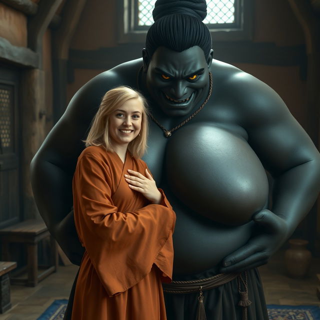 In a medieval room, a joyful young blonde woman, age 19, with medium-length hair and blue eyes, wearing an elegant long Buddhist robe, tightly holding the breasts of an enormous black woman