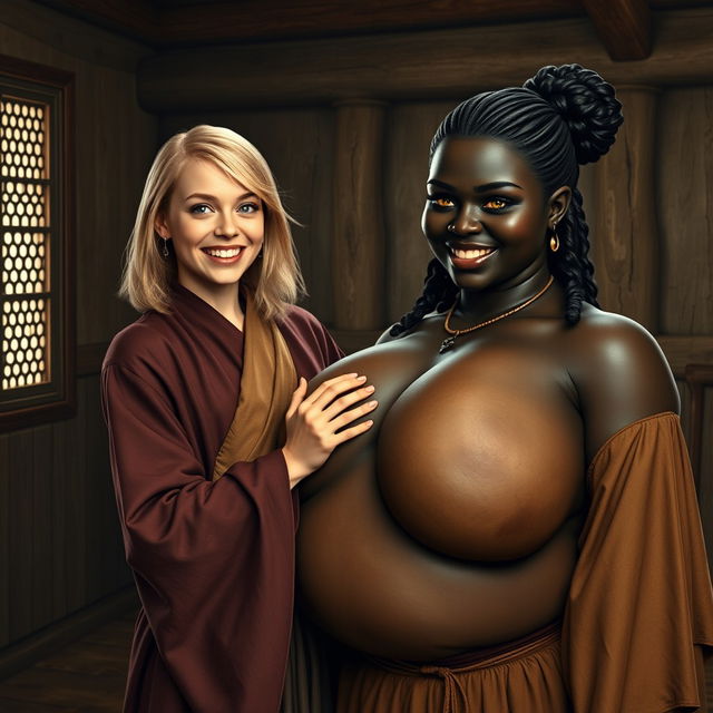 In a medieval room, a joyful young blonde woman, age 19, with medium-length hair and blue eyes, wearing an elegant long closed Buddhist robe, excitedly holding the breasts of a busty black woman