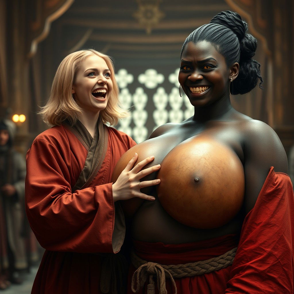 In a medieval hall, a joyful young blonde woman, age 19, with medium-length hair and blue eyes, dressed in a luxurious long closed Buddhist robe, is exuberantly shouting