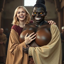 In a medieval hall, a joyful young blonde woman, age 19, with medium-length hair and blue eyes, dressed in a luxurious long closed Buddhist robe, is exuberantly shouting