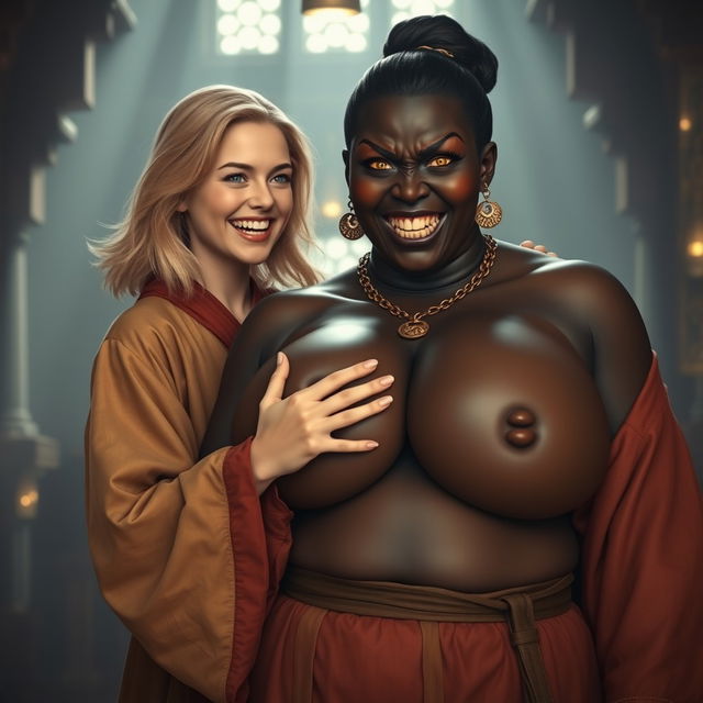 In a medieval hall, a joyful young blonde woman, age 19, with medium-length hair and blue eyes, dressed in a luxurious long closed Buddhist robe, is exuberantly shouting