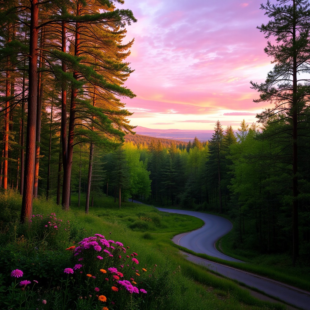 A breathtaking landscape featuring a winding road through a lush green forest