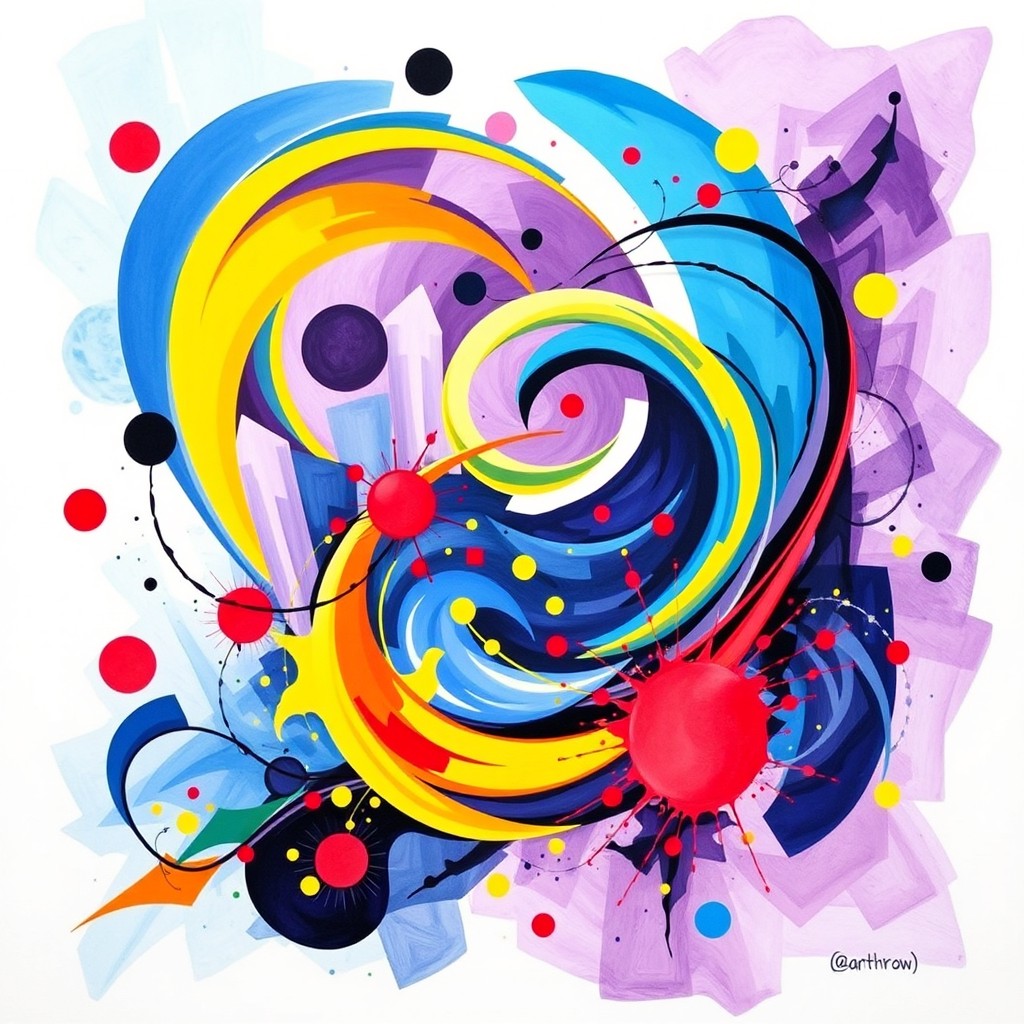 An abstract composition featuring vibrant colors and dynamic shapes, swirling forms that blend seamlessly into one another, creating a harmonious balance of energy and tranquility