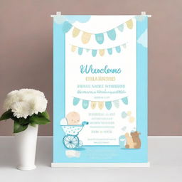 A cheerful welcome banner for the arrival of a new baby boy. Incorporate the names of the parents, Kushal and Shirley, into an elegant design with baby-themed items and soft, welcoming colors.