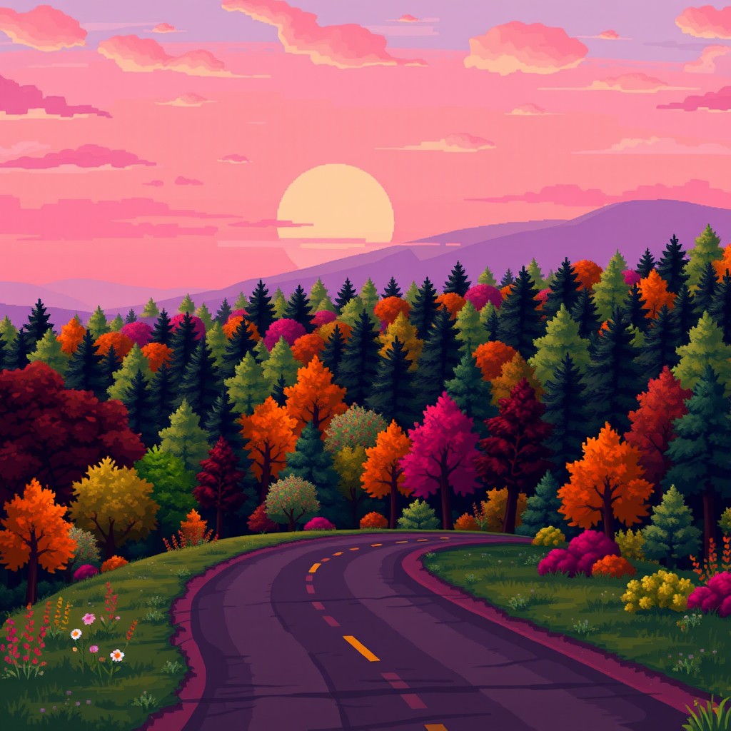 A beautiful pixel art landscape showcasing a winding road in the foreground, leading through a dense, colorful forest