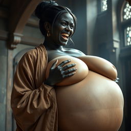 In a medieval hall, a young malnourished blonde woman, 19 years old, joyfully screaming with bright blue eyes and medium-length hair, dressed in a long, fully closed noble Buddhist robe