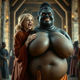 In a medieval hall, a young malnourished blonde woman, 19 years old, joyfully screaming with bright blue eyes and medium-length hair, dressed in a long, fully closed noble Buddhist robe