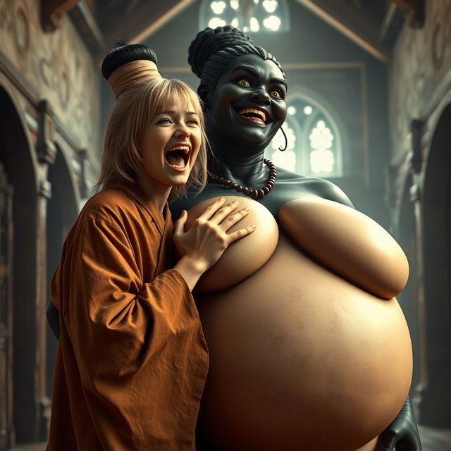 In a medieval hall, a young malnourished blonde woman, 19 years old, joyfully screaming with bright blue eyes and medium-length hair, dressed in a long, fully closed noble Buddhist robe