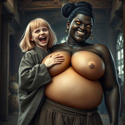 In a medieval hall, a young malnourished blonde woman, 19 years old, joyfully screaming with bright blue eyes and medium-length hair, dressed in a long, fully closed noble Buddhist robe