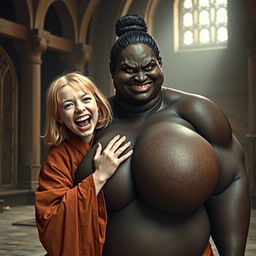 In a medieval hall, a young malnourished blonde woman, 19 years old, joyfully screaming with bright blue eyes and medium-length hair, dressed in a long, fully closed noble Buddhist robe