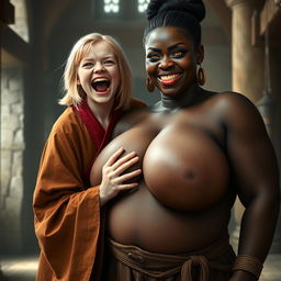 In a medieval hall, a young malnourished blonde woman, 19 years old, joyfully screaming with bright blue eyes and medium-length hair, dressed in a long, fully closed noble Buddhist robe