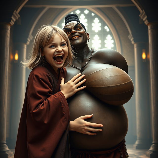 In a medieval hall, a young malnourished blonde woman, 19 years old, joyfully screaming with bright blue eyes and medium-length hair, dressed in a long, fully closed noble Buddhist robe