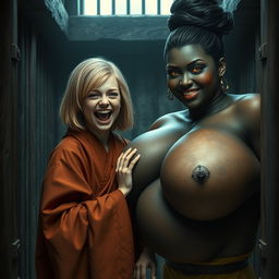 Inside a medieval prison, a young malnourished blonde woman, 19 years old, joyfully screaming with bright blue eyes and medium-length hair, dressed in a long, fully closed noble Buddhist robe
