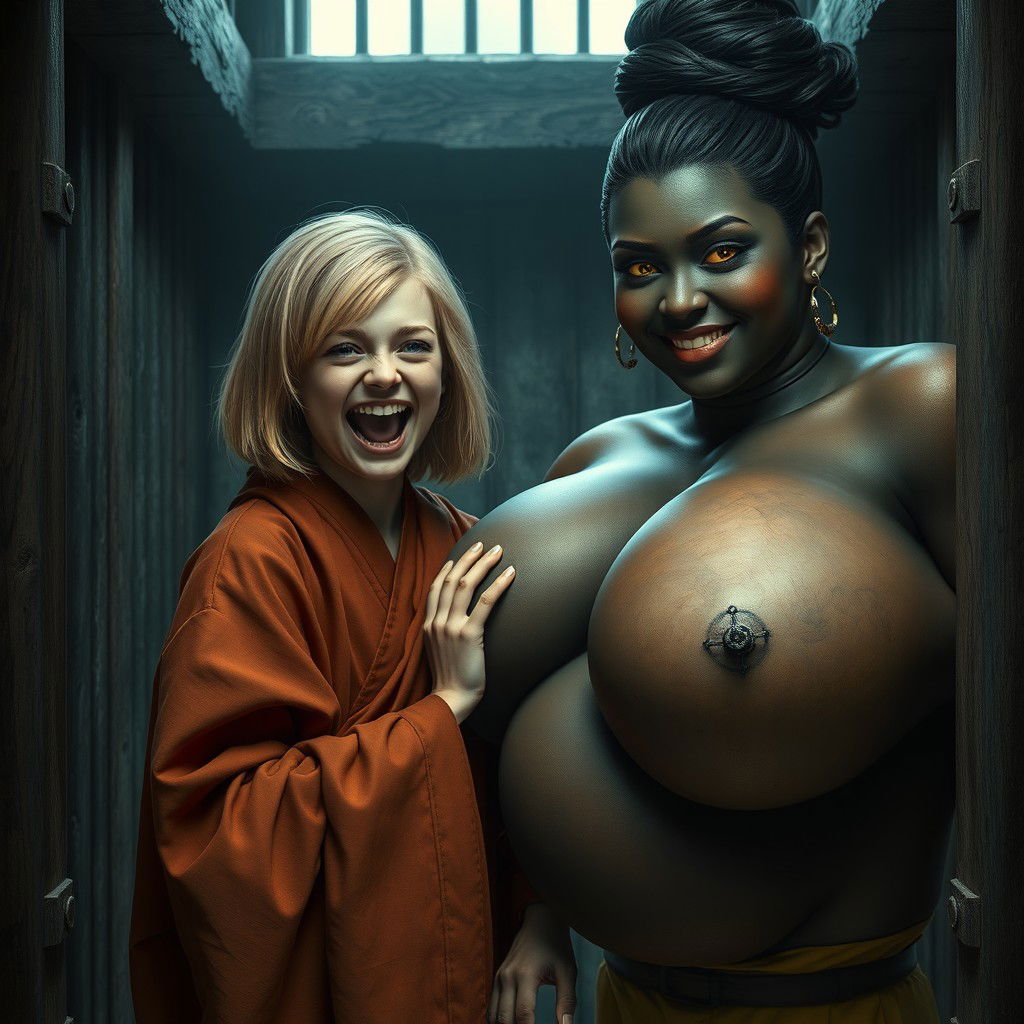 Inside a medieval prison, a young malnourished blonde woman, 19 years old, joyfully screaming with bright blue eyes and medium-length hair, dressed in a long, fully closed noble Buddhist robe