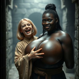 Inside a medieval prison, a young malnourished blonde woman, 19 years old, joyfully screaming with bright blue eyes and medium-length hair, dressed in a long, fully closed noble Buddhist robe