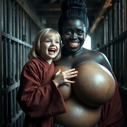 Inside a medieval prison, a young malnourished blonde woman, 19 years old, joyfully screaming with bright blue eyes and medium-length hair, dressed in a long, fully closed noble Buddhist robe