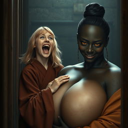 Inside a medieval prison, a young malnourished blonde woman, 19 years old, joyfully screaming with bright blue eyes and medium-length hair, dressed in a long, fully closed noble Buddhist robe