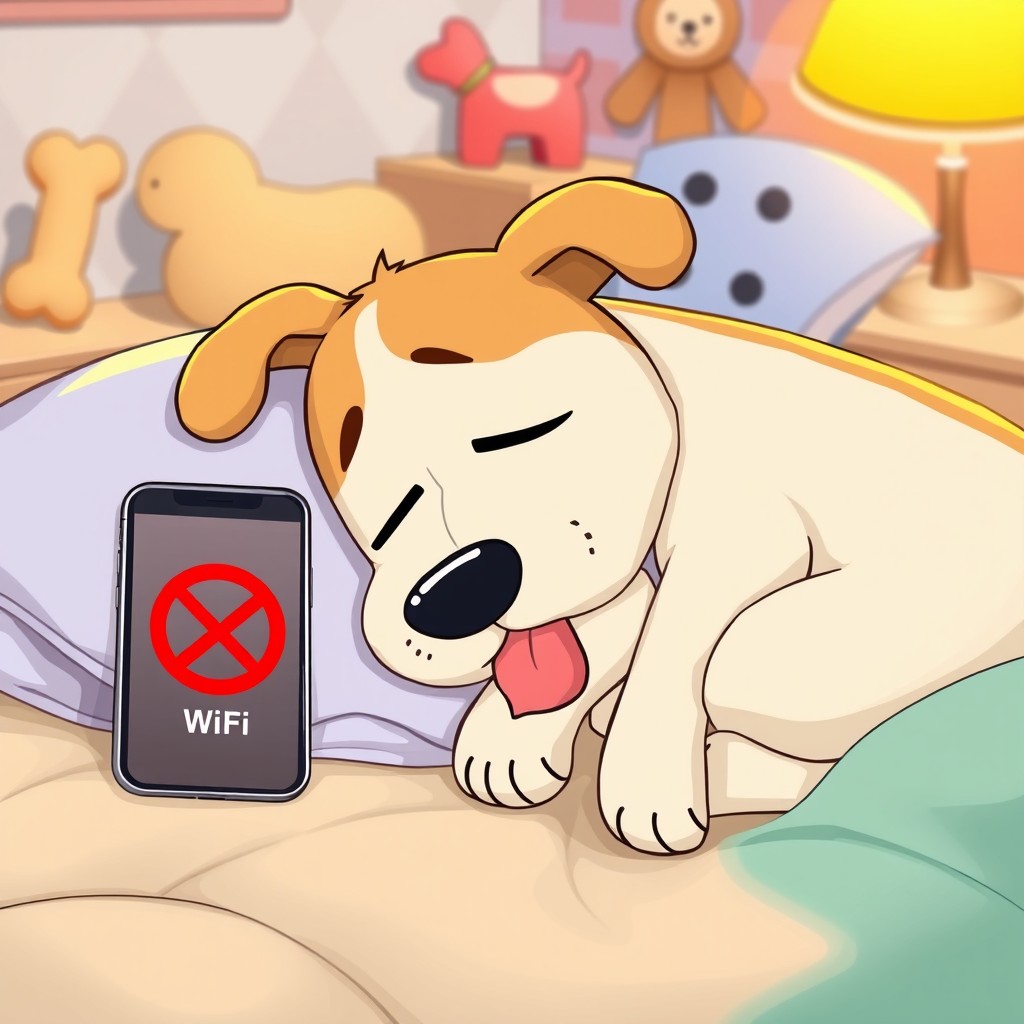 A cartoon dog sleeping peacefully on a cozy pillow, with its tongue hanging out and cheeks puffed up