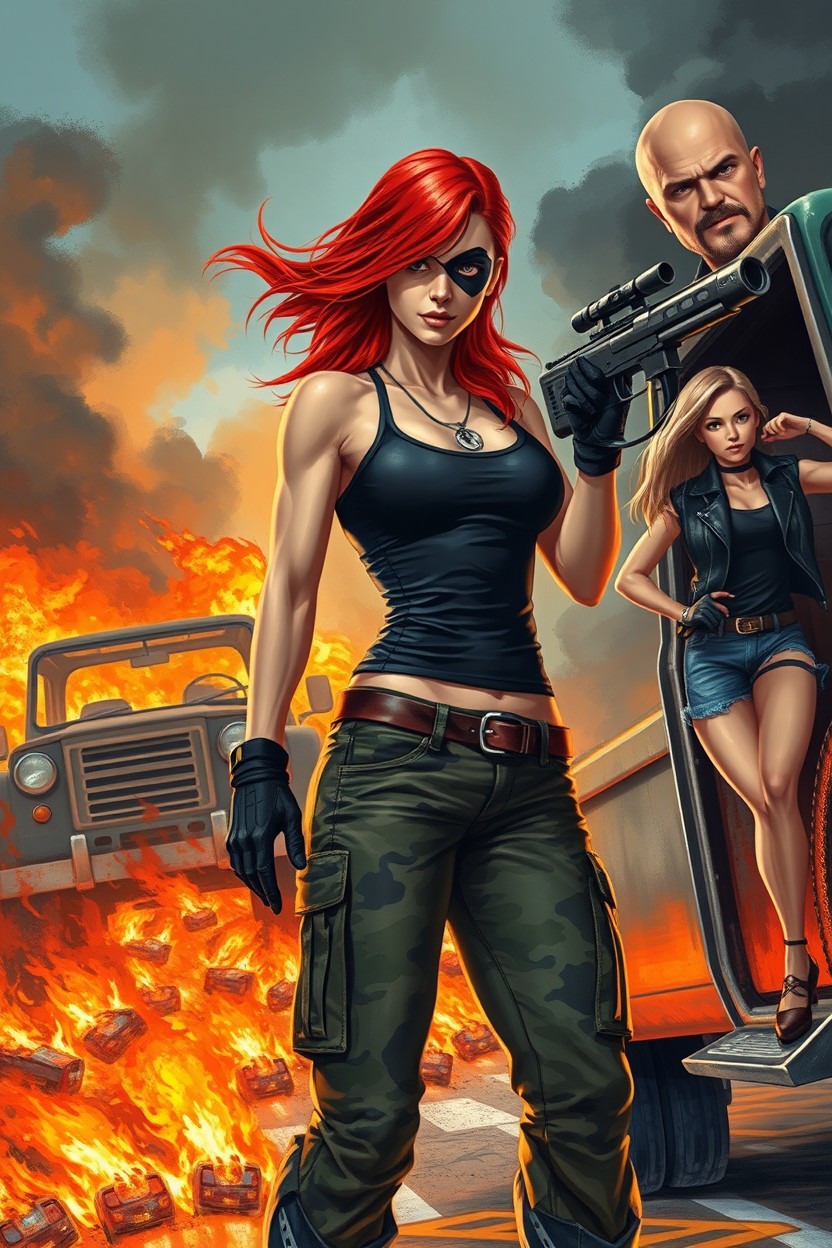 A vibrant painting style artwork depicting a dramatic scene on a burning street filled with flaming vehicles