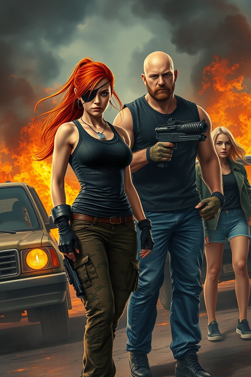 A realistic style depiction of a dramatic scene on a burning street filled with fiery vehicles