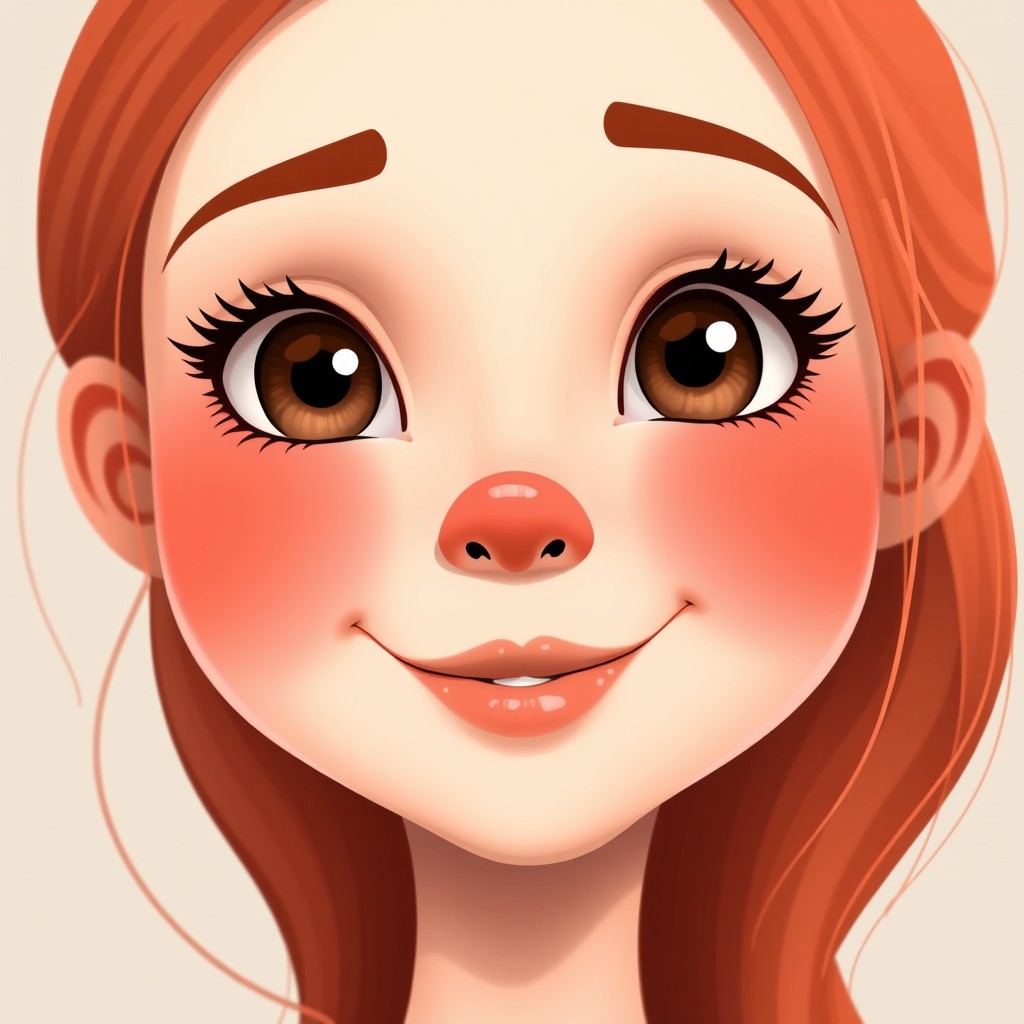 Create a character of a woman with light reddish skin tone, featuring a cute upturned nose