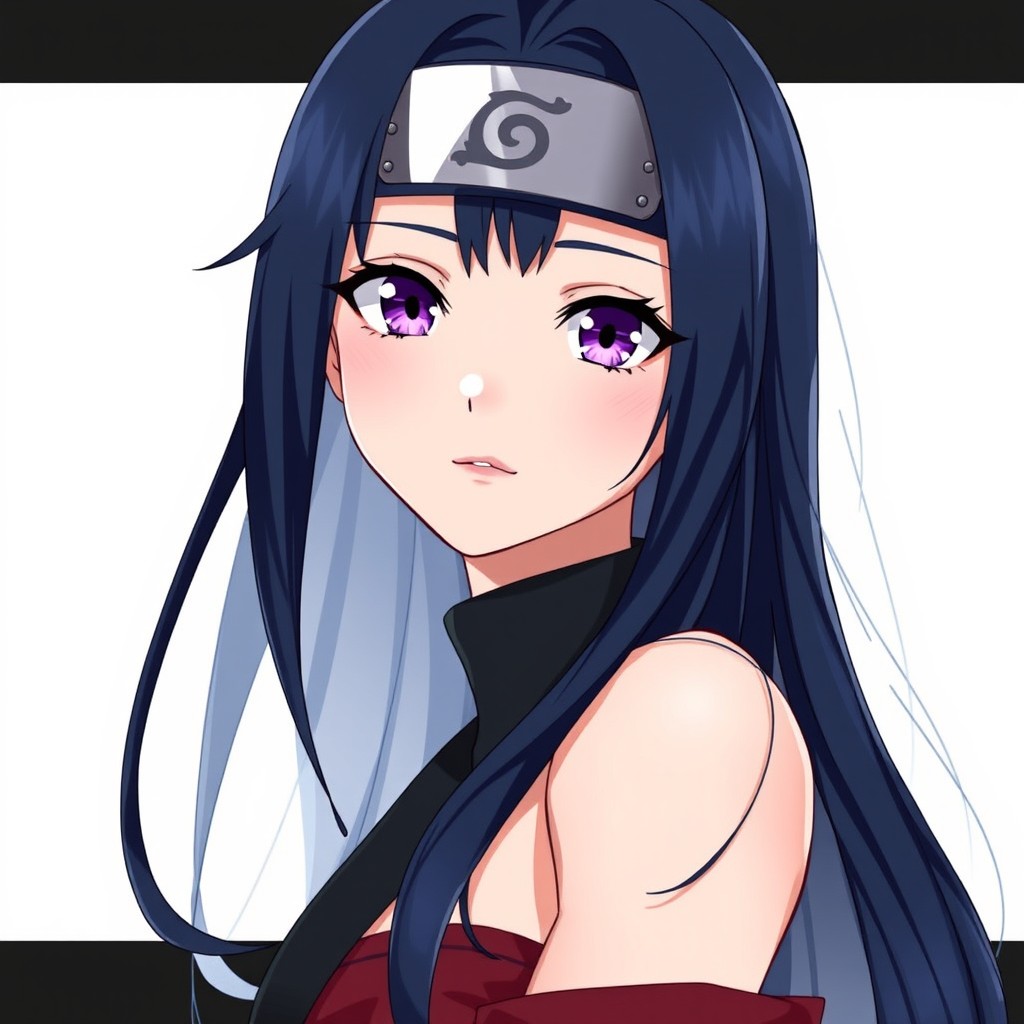 A beautiful anime-style girl inspired by Naruto, featuring long dark blue hair with slightly lighter ends