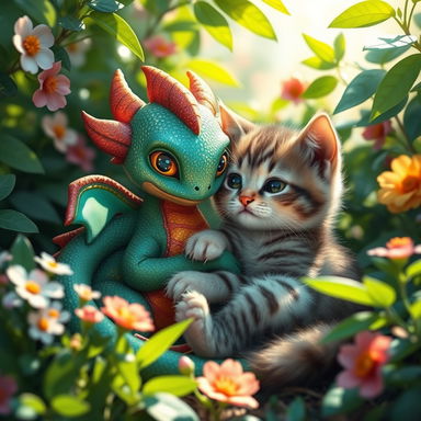 A whimsical scene of a vibrant, colorful dragon and a fluffy cat nestled together peacefully in a cozy, sunlit corner of a lush garden