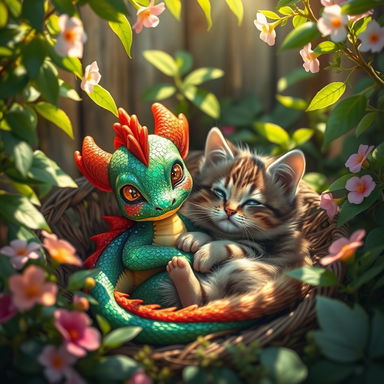 A whimsical scene of a vibrant, colorful dragon and a fluffy cat nestled together peacefully in a cozy, sunlit corner of a lush garden