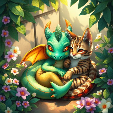A whimsical scene of a vibrant, colorful dragon and a fluffy cat nestled together peacefully in a cozy, sunlit corner of a lush garden