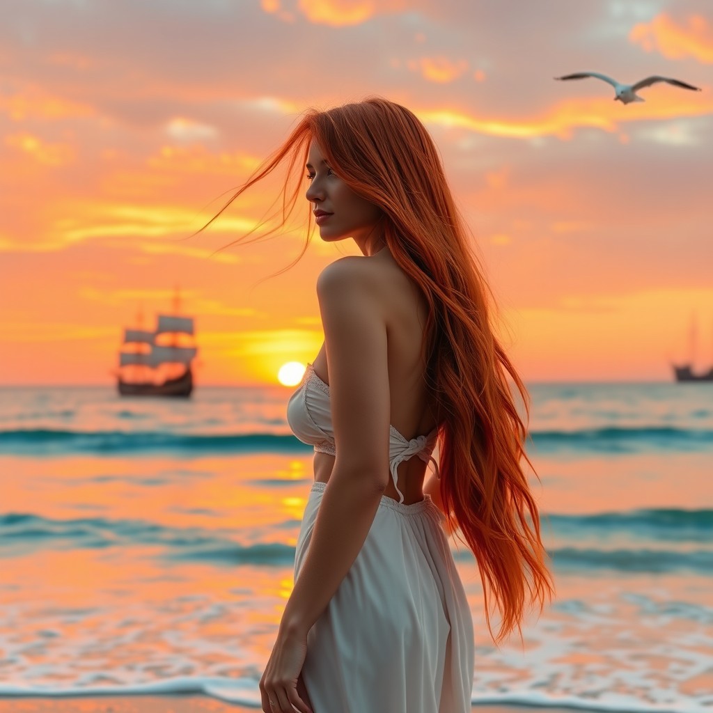 A stunning woman with long, flowing red hair stands on a scenic beach, gazing out at the horizon