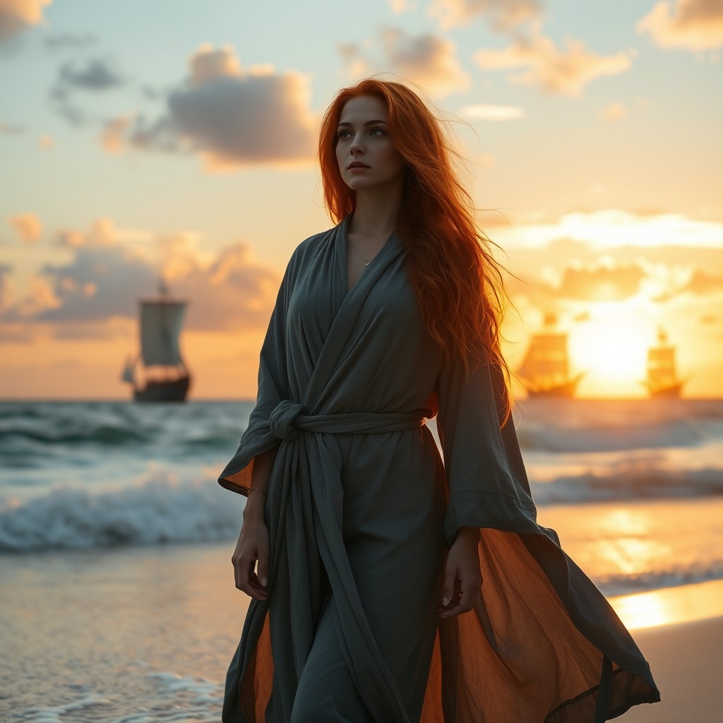 A captivating woman with long, flowing red hair stands on a serene beach, wearing a softly draping gray robe that billows gently in the ocean breeze
